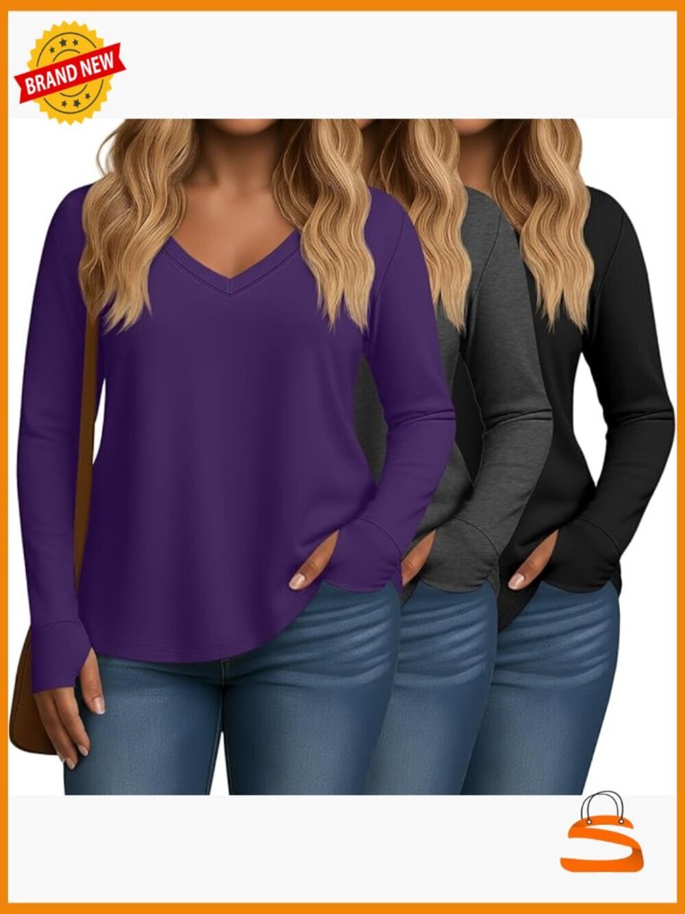 Plus Size V Neck Tunic Tops with Thumb Holes 3 Pack Curved Hem Loose Fit